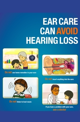 locandina con vignette che danno suggerimenti per il mantenimento dell'udito, quelle scritte sull'articolo