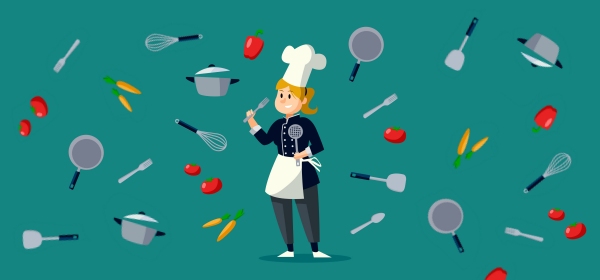 disegno di una cuoca attorniata da utensili da cucina e verdure colorate