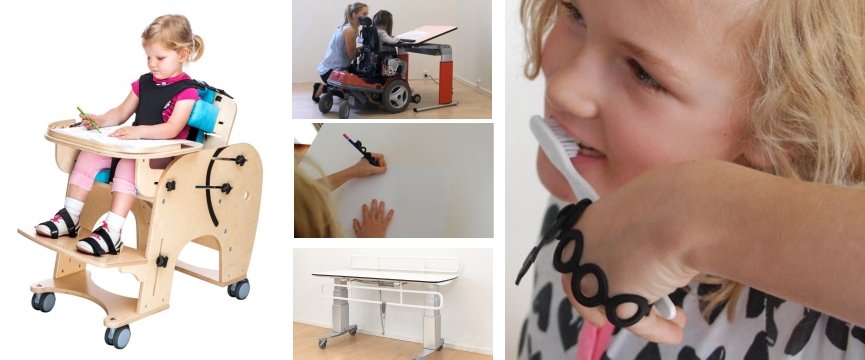 alcuni ausiliper bambini: tavoloreclinabile, impugnature ergonomiche per afferrare spazzolino e altri oggetti, fasciatoio