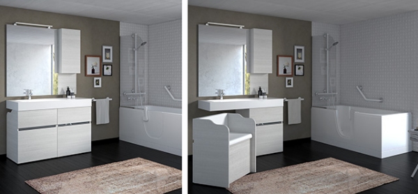 due foto di un bagno attrezzato per disabili motori con mobile con lavabo e seggiolino e vasca-doccia con sportello