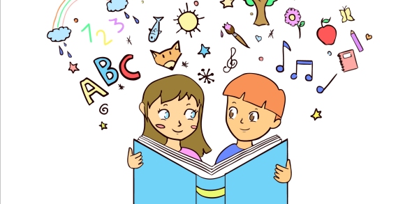 illustrazione di due bambini che leggono un libro