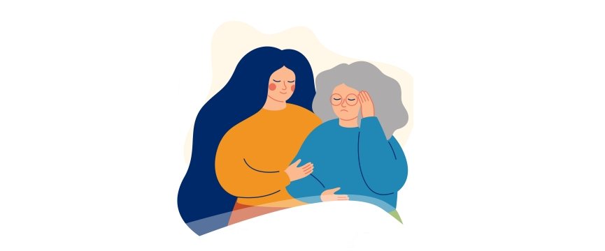 illustrazione che rappresenta una donna mentre si prende cura, abbracciandola, di un'altra donna 