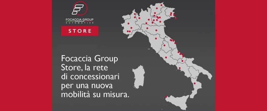 grafica con cartina dell'italia con alcuni pallini rossi che segnalano la presenza dei concessionari focaccia, e la scritta focaccia group store