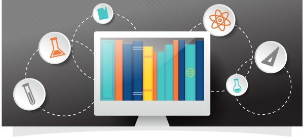 illustrazione di un computer nello schermo del quale si vedono dei libri come se fossero all'interno di una libreria