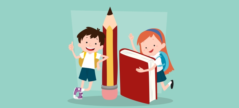 immagine di un bambino e di una bambina con vicino una matita e un quaderno grandi