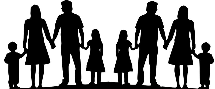 illustrazione grafica che rappresenta le silhouette nere di alcune persone (adulti e bambini) che si tengono per mano