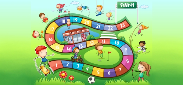 Tabellone di un gioco da tavolo colorato con disegni di bambini che praticano vari sport