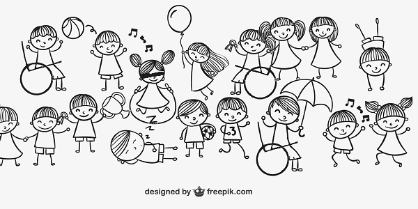 disegni di bambini che giocano tutti insieme: bambini in carrozzina e bambini ciechi