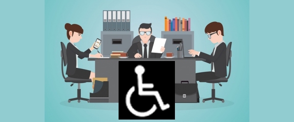 disegno di scrivania con vari lavoratori e simbolo di handicap 