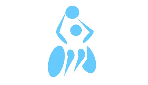 sfondo bianco e figura stilizzata di un  omino sulla carrozzina e pallone azzurro