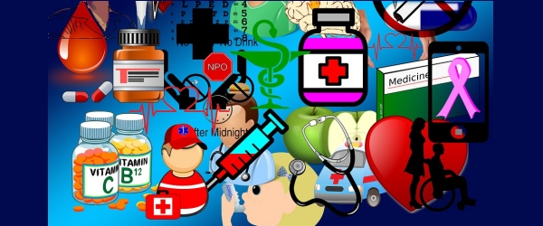 icone di oggetti legati alla salute: medicine, goccia di sangue, siringa etc, 