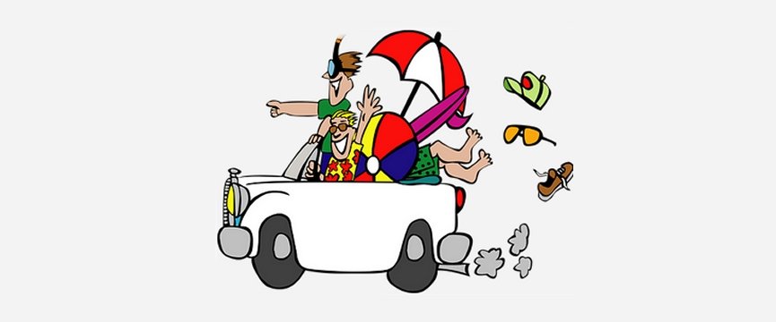 illustrazione di due persone in auto con oggetti utili in vacanza come
