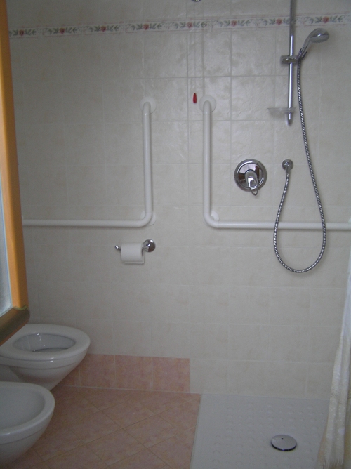 sanitari e doccia all'interno del bagno per disabili dell'hotel camoscio