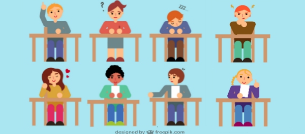 illustrazione di otto ragazzini seduti ai loro banchi alle prese con un esame