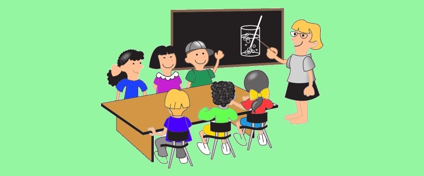 una classe con gli alunni seduti e un'insegnante che spiega chimica