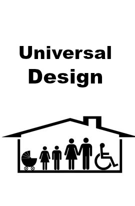 universal design: disegno di una casa con sagome di persone anche disabili
