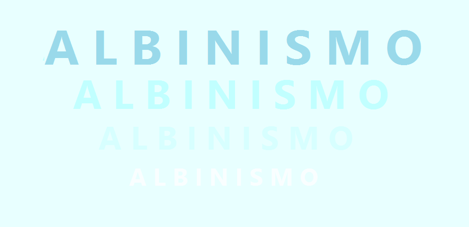 Parola albinismo scritta quattro volte con colori sempre più chiari. Sfondo celeste chiarissimo