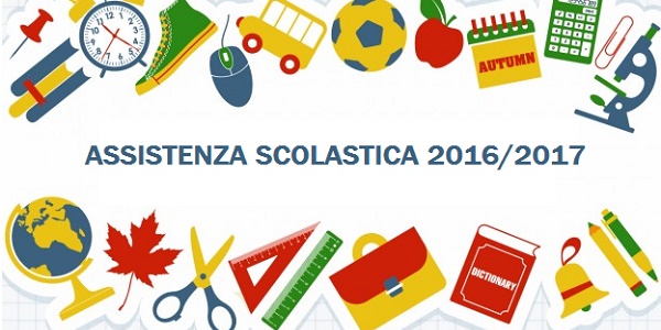 oggetti scolastici su sfondo chiaro e scritta centrale "assistenza scolastica 2016/2017"