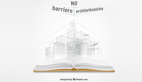 libro aperto con progetto di una città con scritta "no barriere architettoniche"