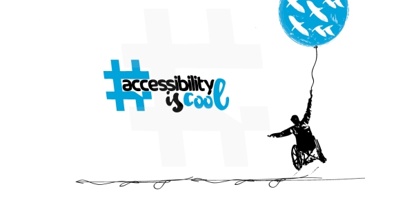 disegno di ragazzo in carrozzina con un palloncino in mano e la scritta accessibility is cool