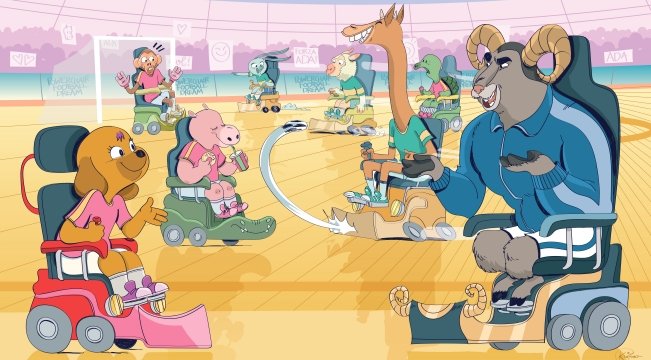 illustrazione del fumetto ada e lo sport, con alcuni animali in carrozzina su un campo di powerchair football 