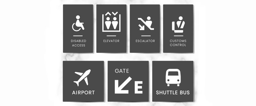 simboli di un aeroporto 8ascensori, accesso carrozzine, scale mobili, controllo bagagli, gate, shuttle bus)