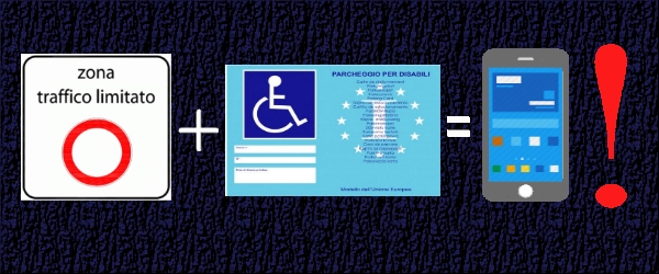 immagine che associa il tagliando blu per disabili e aree ztl all'utilizzo dello smartphone