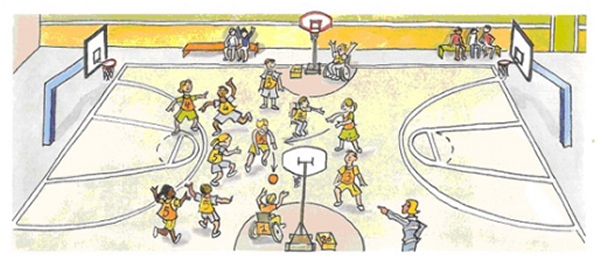 disegno di un campo da basket sul quale si sta svolgendo una partita di basket integrato, tra giocatori normodotati e in sedia a rotelle