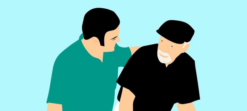 illustrazione di un uomo che aiuta un anziano 