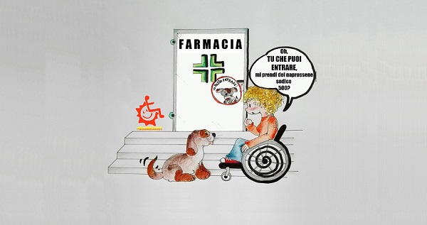 disegno di una ragazza su carrozzina che parla ad un cane che può entrare in farmacia di prenderle un farmaco 