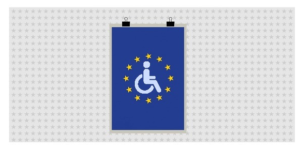 simbolo della disabilità in carrozzina con bandiera dell'unione europea 