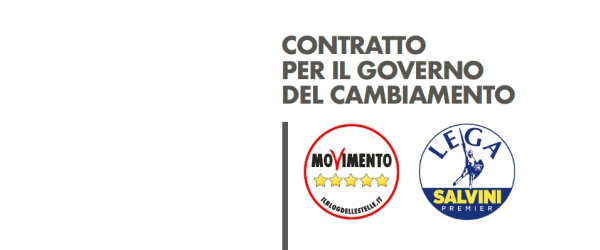 scritta "contratto per il governo del cambiamento" con il logo del M5S e della Lega Nord