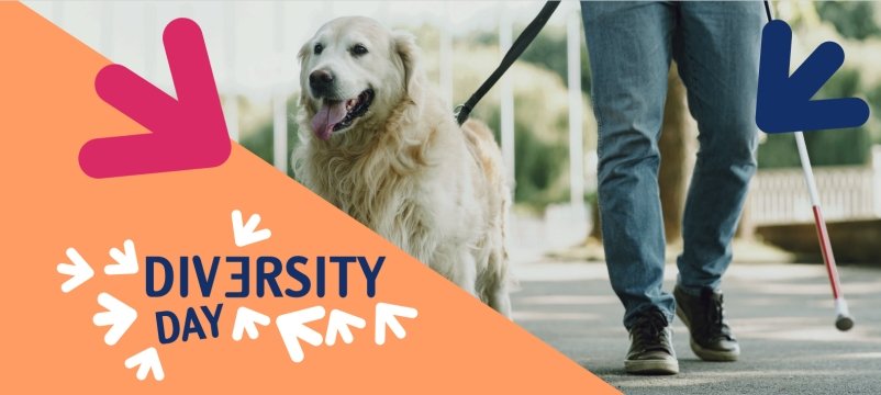 locandina diversity day con dettaglio di un cane guida vicino ad una persona con bastone per ciechi