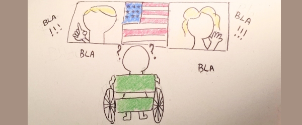 vignetta con un elettore usa di spalle in carrozzina indeciso sul candidato da scegliere