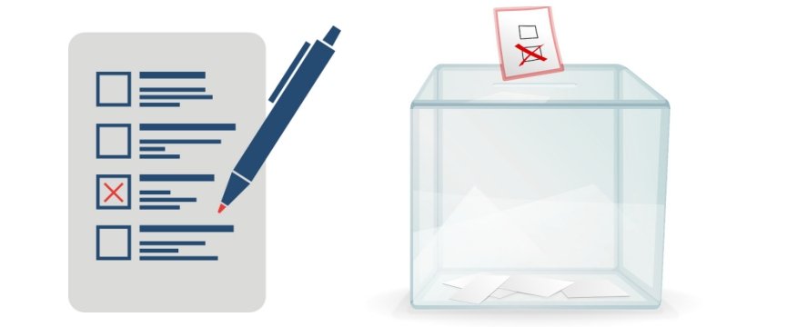 illustrazione di una urna con una scheda elettorale e, vicino, un elenco di punti scritti