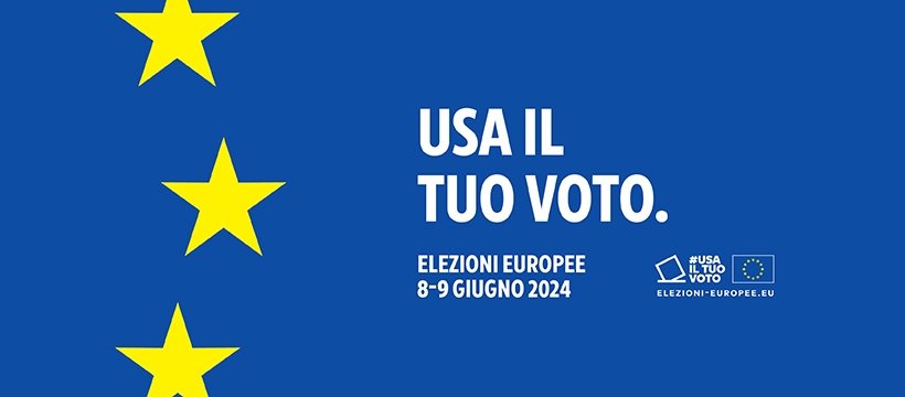 grafica blu con alcune stelle che ricorda la bandiera dell'unione europea e la scritta usa il tuo voto elezioni europee 8-9 giugno 2024