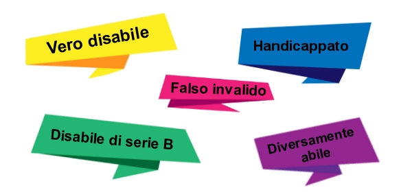 etichette colorate che contengono termini legati alla disabilità