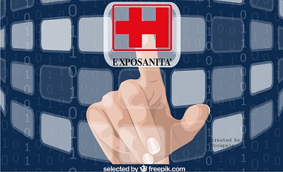 mano che clicca su un pulsante con scritto "exposanità" su sfondo blu scuro 