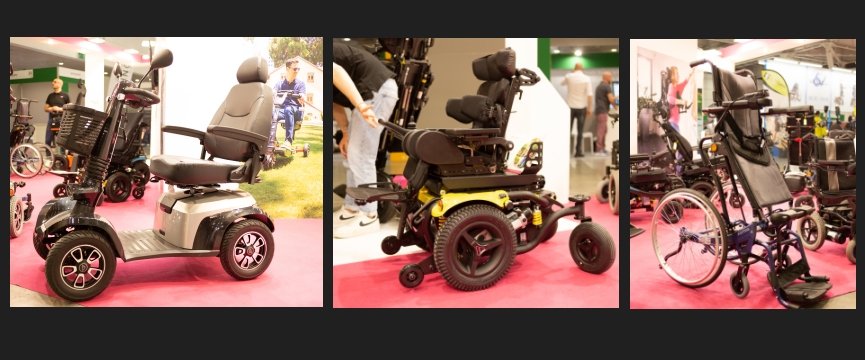 carrozzina emanuale verticalizzante, carrozzina pediatrica e scooter elettrico: tre prodotti fotografati allo stand di disabili abili ad exposanità