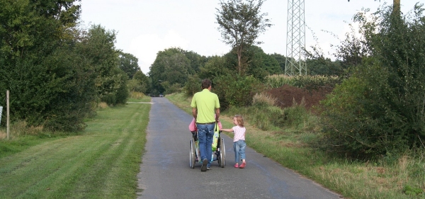 papà e figlia, visti di spalle, spingono la carrozzina sulla quale è seduta la mamma lungo un sentiero in mezzo ad un prato