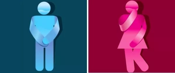 simbolo di un uomo in blu e simbolo di una donna in rosa che si tengono lo stomaco