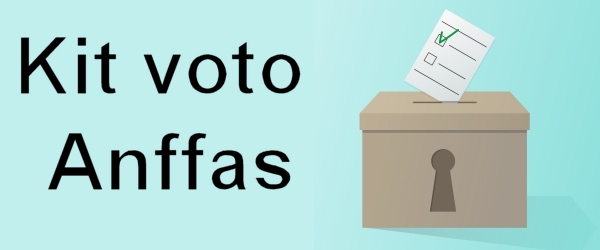 scritta "kit voto Anffas" con immagine di scheda elettorale inserita in una scatola