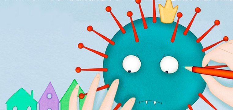 illustrazione del libro con un virus con corona in testa 