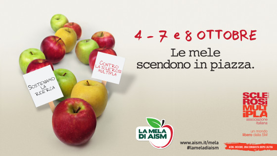 locandina iniziativa AISM con mele e date 4 7 e 8 ottobre