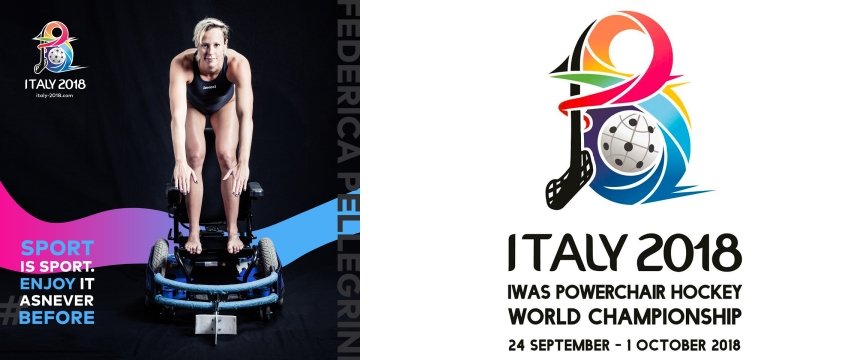 logo dei mondiali di hockey e accanto immagine della campagna con Federica Pellegrini