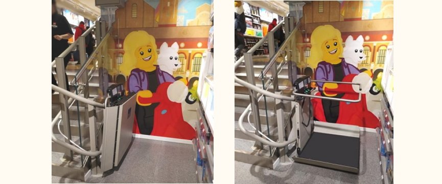 due immagini dell'installazione del montascale nel negozio Legoa Bologna