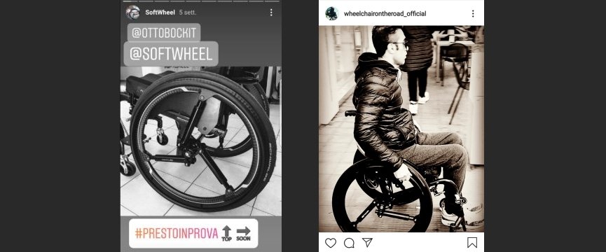 due schermate di instagram con foto delle ruote per carrozzina softwheel