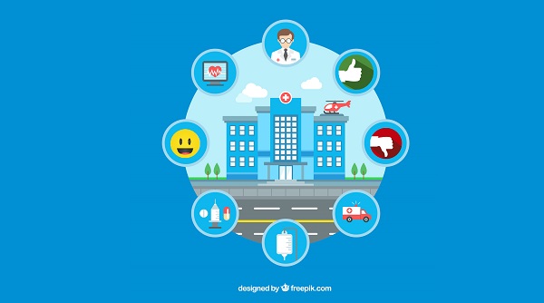 icone di elementi di ospedali (siringhe, flebo, pillole) e reazioni (felicità, pollice in sù e pollice in giù)