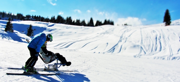 panorama di montagna con una persona che accompagna sugli sci una persona disabile in monosci