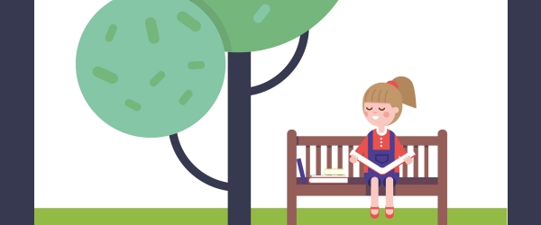 disegno di bambina che legge dei libri su una panchina
